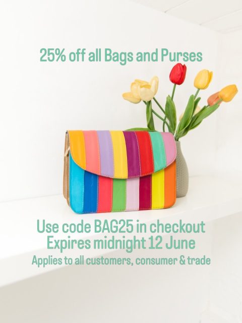 Our gorgeous, handcrafted recycled leather bags and purses, and hand-beaded velvet pouches are now all available with a fantastic 25% off. Just use code BAG25 during checkout (look for Offer Code at the top of the page). The offer is valid until midnight on Friday 12 June. 

You can share the code with friends and family (please do) and use it as many times as you like within the period of the promotion.

The offer is available to all our lovely customers, whether you’re buying for yourself or as a gift, or to stock your store with some colourful loveliness.

Please note that for the recycled leather items you can select by colour range but can’t pick individual bags. The photos are to give an idea of what to expect and the bag or purse you choose will be beautifully unique to you! 

Handbag sale | bag sale | purse sale | colourful bags | colourful purses | leather bags | leather purses | recycled leather bag | recycled leather purse | accessories sale | velvet pouch