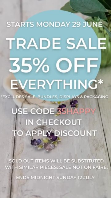 Retailers! Our Trade Sale is live with 35% off our colourful jewellery, soft scarves, luxury velvet pouches and gorgeous recycled leather bags and purses. Use code 35HAPPY during checkout.

Refresh your store for high summer at fantastic prices. £100 minimum order, no minimum order quantities.

Sale excludes the Sale, Bundles, Packaging and Display Stands categories. Expires at midnight on Sunday 12 July.

#wholesalejewellery #wholesalescarves #wholesaleleatherbags #recycledleatherbags #accessoriessale