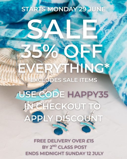 Our Spring & Summer clearance sale starts on Monday 29 June. Treat yourself or a loved one to our gorgeous jewellery, scarves and bags with a fabulous 35% off. The discount applies to everything except for Sale items. 

Use code HAPPY35 from 00:01 on Monday 29 June until 23:59 on Sunday 12 July. And you can use the code as many times as you like and share it with friends and family. 

Refresh your holiday wardrobe with new accessories, replace a worn out purse or even a bit of Christmas shopping in advance! 

Please note that order turnaround slows down during sale periods so if you want speedy delivery, choose Special Delivery.

Our TRADE Spring & Summer clearance sale starts on Monday 29 June ahead of launching our new Autumn & Winter collection w/c 13 July. Refresh your store displays with our gorgeously colourful jewellery, scarves and bags with a fantastic 35% off. The discount applies to everything except for Sale items, Bundles, Displays & Packaging.

Use code 35HAPPY from 00:01 on Monday 29 June until 23:59 on Sunday 12 July. And you can use the code as many times as you like and share with other retailers you may know. 

Please note that order turnaround slows down during sale periods. And the discount code cannot be applied to orders placed outside of these dates.