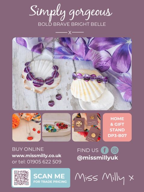 Sharing our latest trade press advert with you. Our stockists are so important to us and we’ve worked hard to build up a good network of retailers throughout the UK and Ireland so that you can find Miss Milly jewellery, scarves and bags in a store near you. Many of our wonderful gift shops and fashion boutiques have been working with us for years and we really do appreciate it.
There are still (and always will be) gaps but having our brand consistently appear in the gift media helps us to plug these as retailers decide to try out a new jewellery or scarf brand. And the same with trade shows and social media.
It is as true now as it was back in 1995, when Sarah graduated with a Public Media degree, that it can take around eight different touch points before a potential customer takes the plunge and places an order. And sometimes it can take a lot more. We have had retailers visit our stand at trade shows for five or more years on the trot before they give Miss Milly a go. We get it, it’s very hard to not buy to your own taste or to buy a collection you love but you’re not sure your customers will.
And this is why our minimum order is still just £100 and you can buy everything in singles. We try to make it as easy as possible for stores to try us out with minimal expenditure.
So if you’re a retailer visiting @homeandgiftharrogate from Sunday, why not make this year the one you decide to stock our colourful jewellery and scarves?